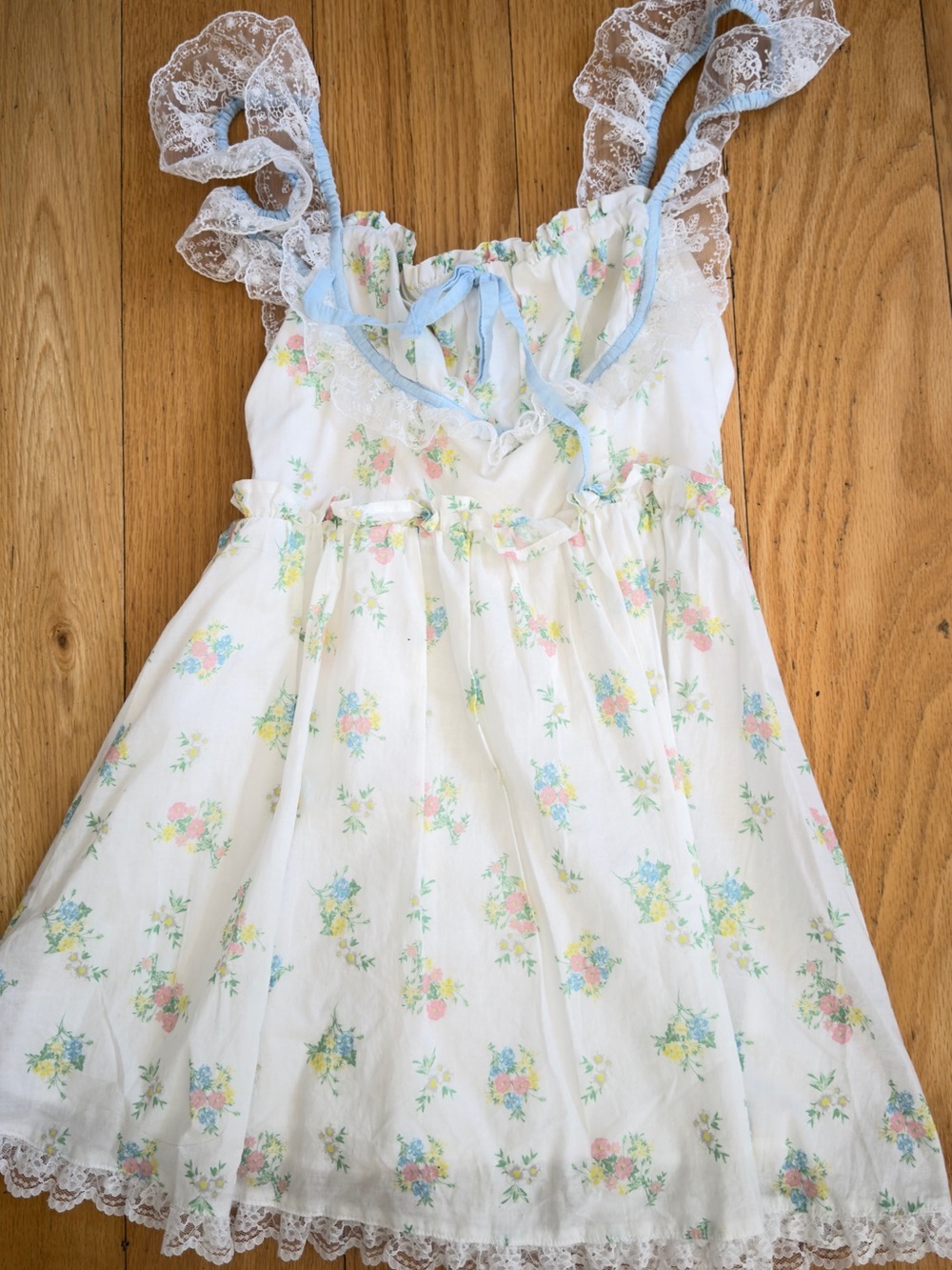 For Love & Lemons Sage Floral Mini Dress with Blue Trim and lace - Picture 2 of 6